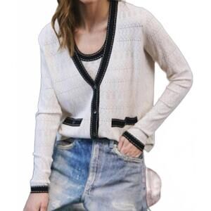 NEW AUTUMN CASHMERE pointelle v-neck saddle stitching cardigan in sand combo